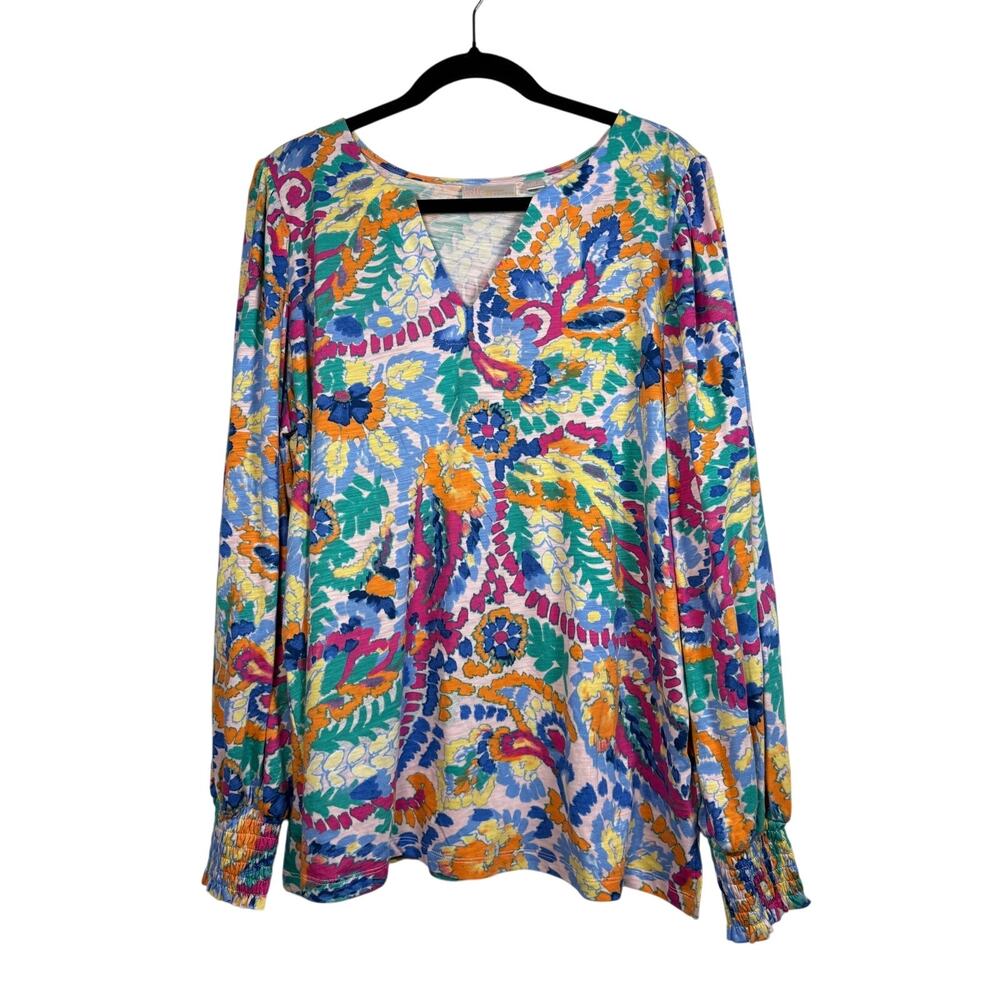 Belle by Kim Gravel Multicolor Floral V-Neck Blouse - Blue, Yellow, Pink, Green